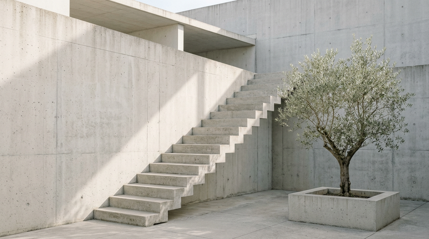 Minimalistische Betonarchitektur mit Treppe und Olivenbaum