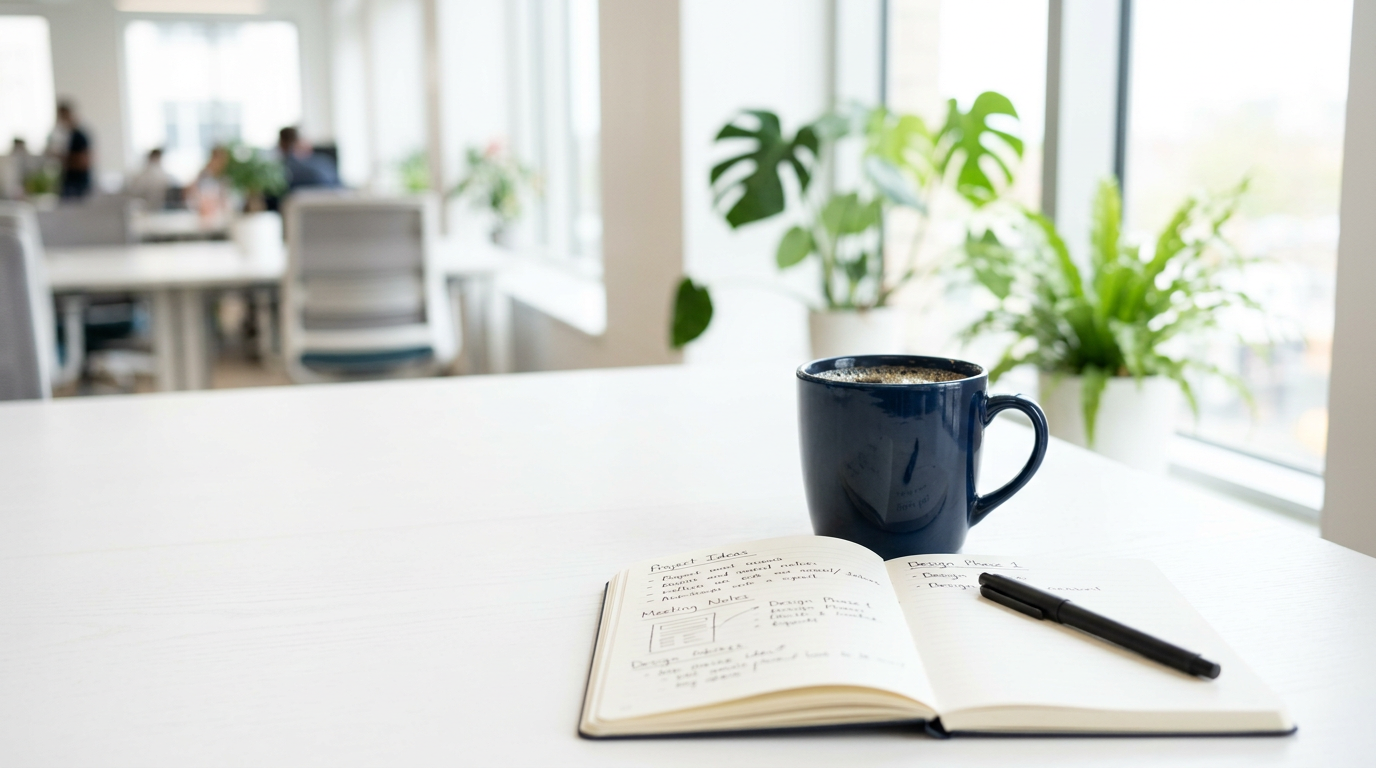 Dunkelblaue Kaffeetasse neben einem Notizbuch